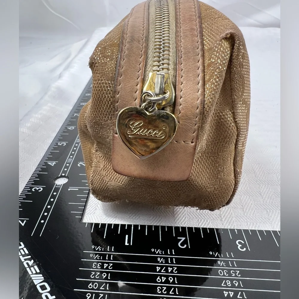 7528: Gucci GG Monogram Gold Canvas Cosmetic Pouch Heart Charm Italy